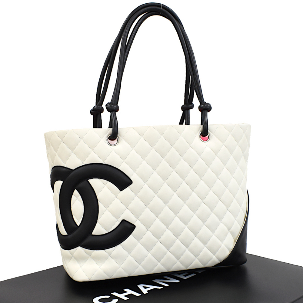 Chanel Cambon Line Large Tote Bag Coco Mark Calfskin Leather White Black